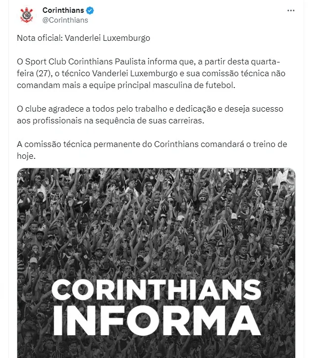 O Corinthians publicou uma nota oficializando a saída de Luxemburgo
