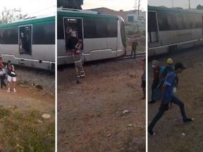 Montagem com três fotos sobre o resgate de passageiros do VLT Metrofor