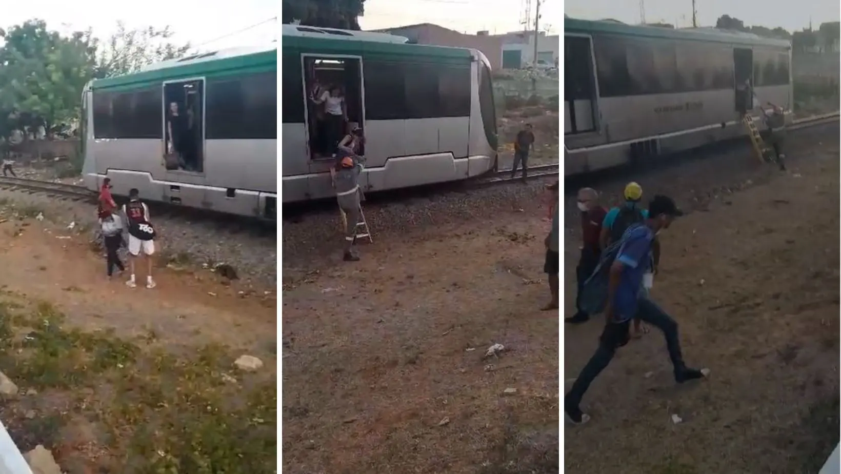 Montagem com três fotos sobre o resgate de passageiros do VLT Metrofor