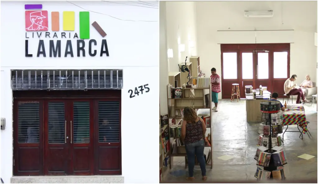 fachada e interior da livraria lamarca, no Benfica, em Fortaleza