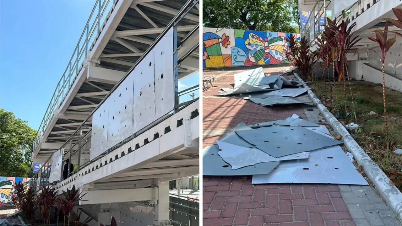 Montagem mostra parte da estrutura que reveste passarela que dá acesso ao Polo de Lazer do São João do Tauape, se desprendeu em Fortaleza