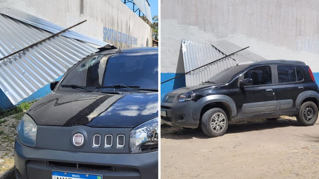 Carro atingido por teto de escola no Eusébio