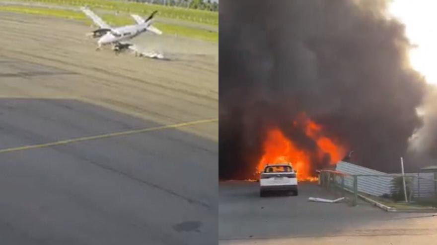 Montagem entre momento de queda de avião e explosão em Cuiabá