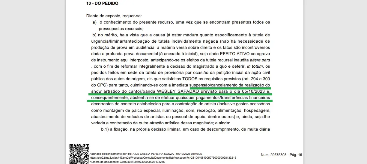 Documento com solicitação de suspensão de show