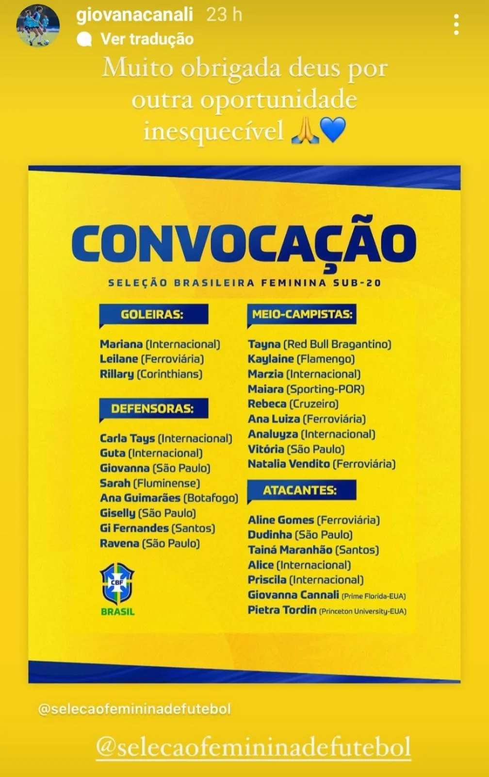 Cearense Giovanna Canali, atacante convocada para a Seleção Sub-20.