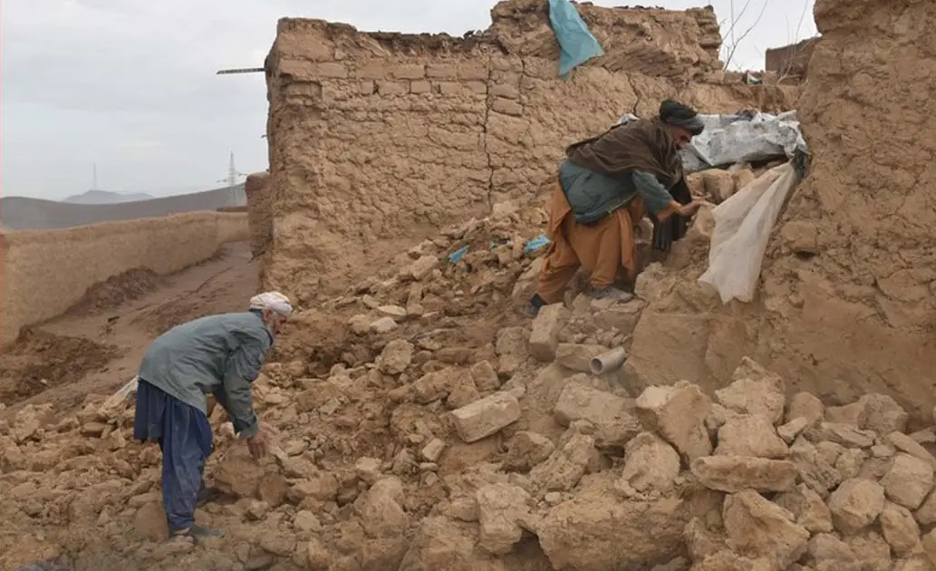 Grupos de homens usam pás entre os escombros das casas para achar sobreviventes