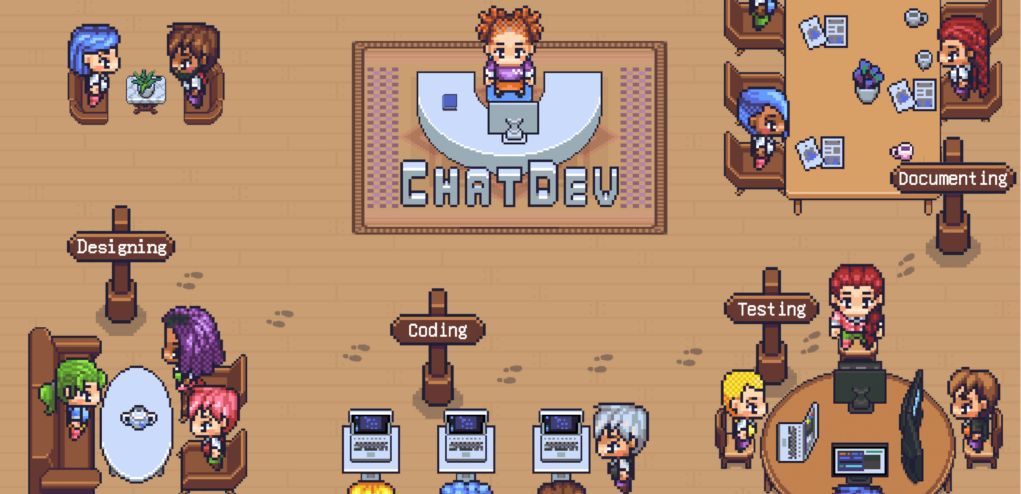 Imagem de um jogo virtual no qual vários personagens estão em funções de trabalho numa empresa de desenvolvimento. Eles são pequenos