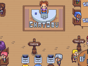 Imagem de um jogo virtual no qual vários personagens estão em funções de trabalho numa empresa de desenvolvimento. Eles são pequenos
