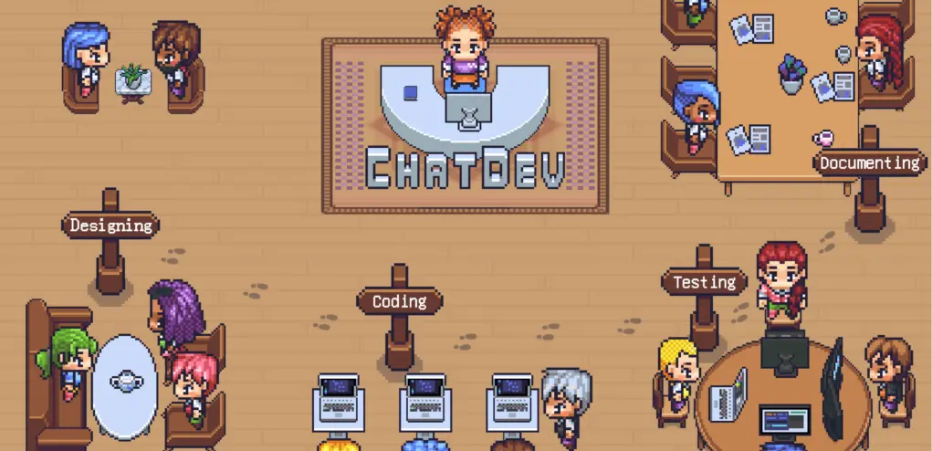 Imagem de um jogo virtual no qual vários personagens estão em funções de trabalho numa empresa de desenvolvimento. Eles são pequenos