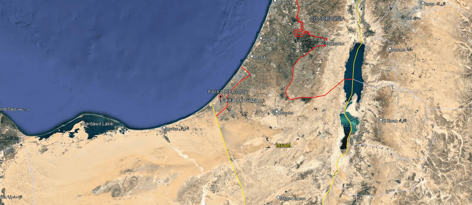 Mapa mostrando as fronteiras da Faixa de Gaza e Israel