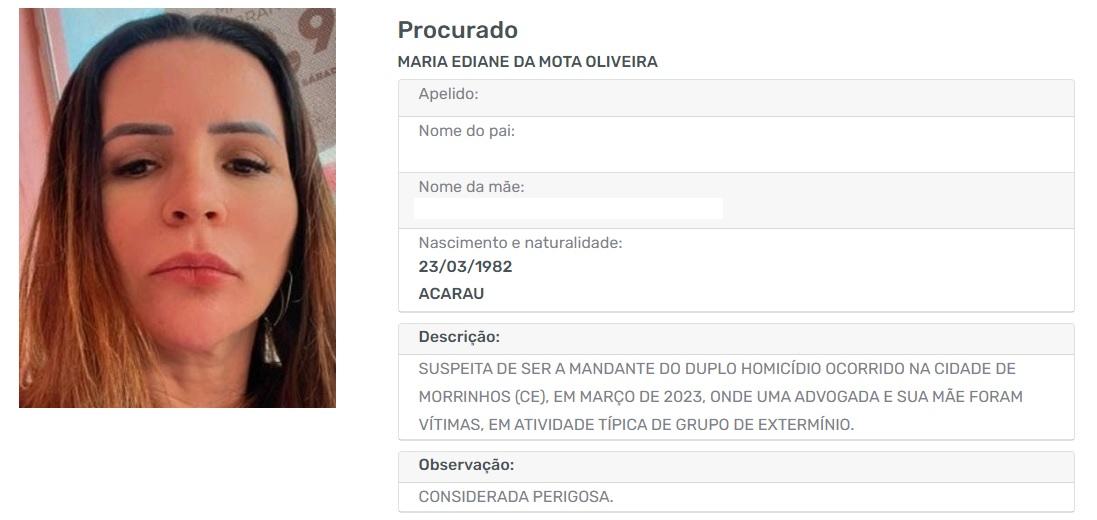 Maria Ediane da Mota Oliveira entrou para a lista dos Mais Procurados da Secretaria da Segurança Pública e Defesa Social do Ceará