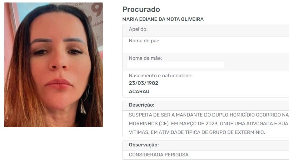 Maria Ediane da Mota Oliveira entrou para a lista dos Mais Procurados da Secretaria da Segurança Pública e Defesa Social do Ceará