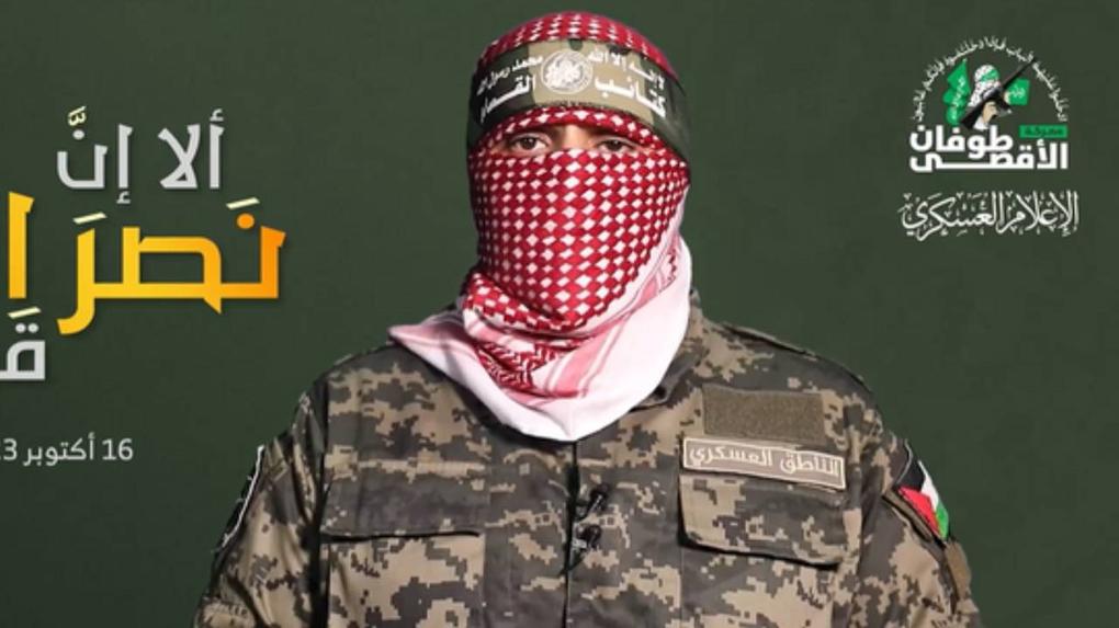 Porta-voz das brigadas Al Qassam, Abo Obaida, em comunicado divulgado pelo Hamas em 16 de outubro de 2023. Hamas chama reféns estrangeiros de 'convidados' e diz que deve libertá-los