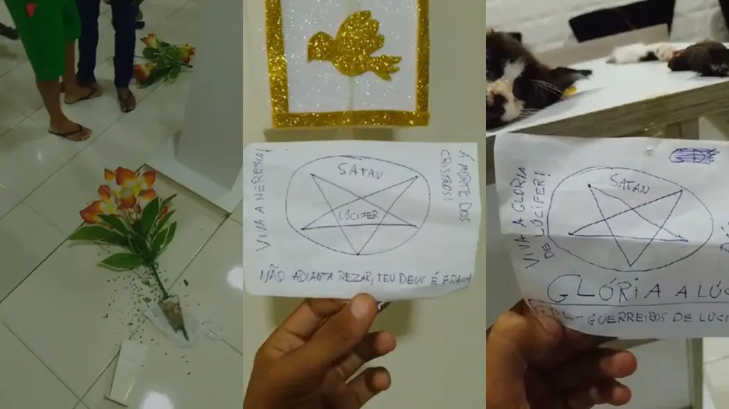 Montagem de bilhetes e vaso quebrado em igreja