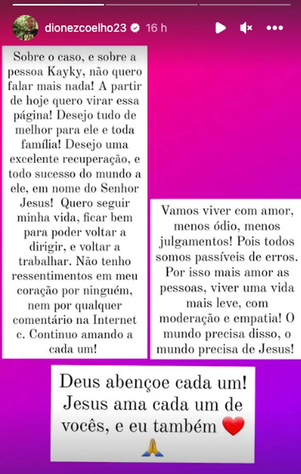 Diones Coelho relatou que não quer mais falar sobre o acidente envolvendo Kayky Brito