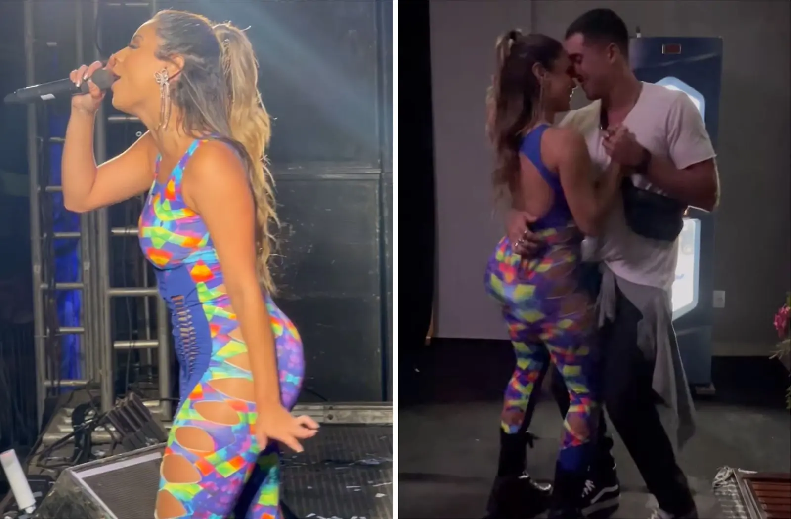 Montagem de fotos mostra à esquerda Lexa no palco e à direita Lexa e Ricardo dançando salsa no camarim