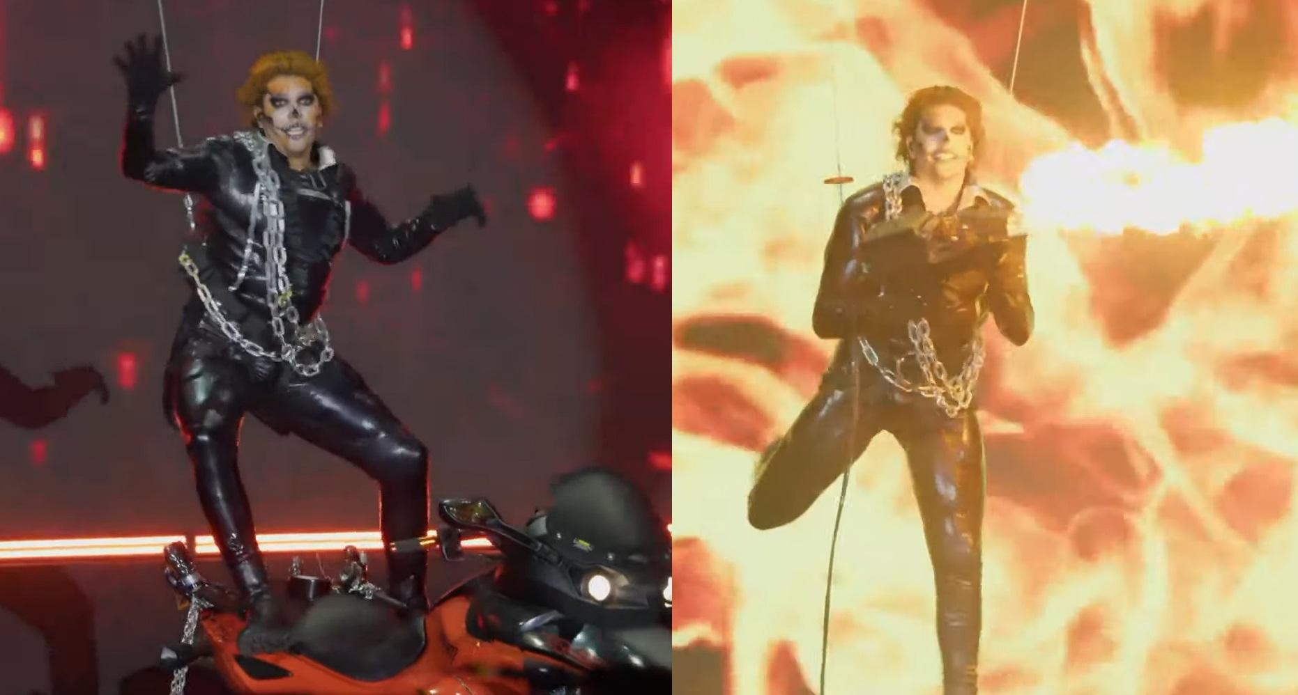 Nattan foi içado por cabos de aço e usou lançador de chamas em palco do evento