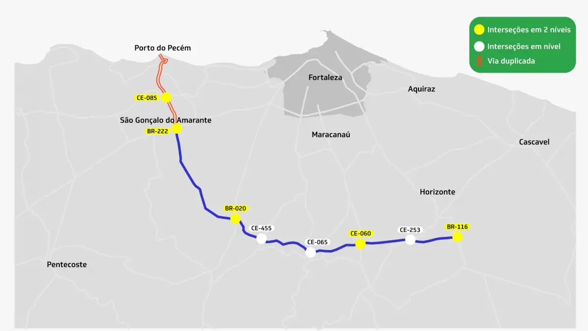 Um dos últimos trajetos do Arco Rodoviário Metropolitano apresentados pela Seinfra ainda em 2022