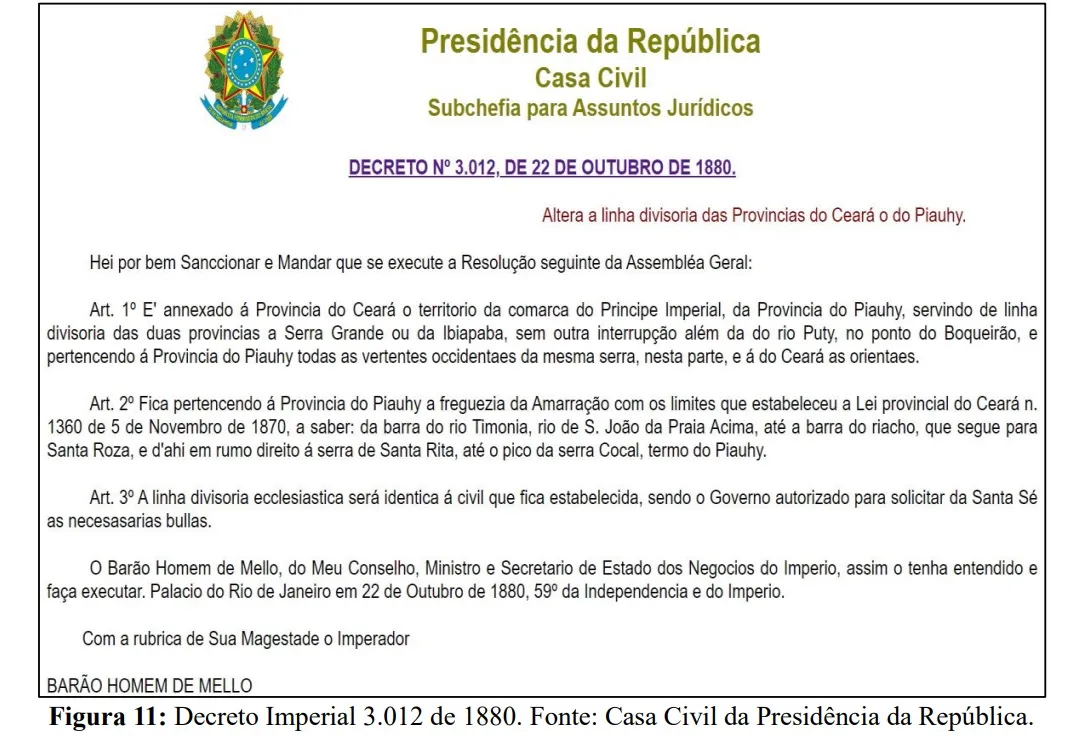 Decreto Imperial de 1880. Documento retirado da nota técnica produzida pelo Governo do Ceará. Fonte da nota: Casa Civil da Presidência da República