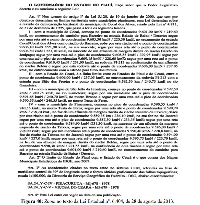 Lei do Piauí, que reconhece os atuais limites territoriais apontados pelo IBGE. Imagem retirada da nota técnica do Governo do Ceará. Fonte: Diário Oficial do Piauí