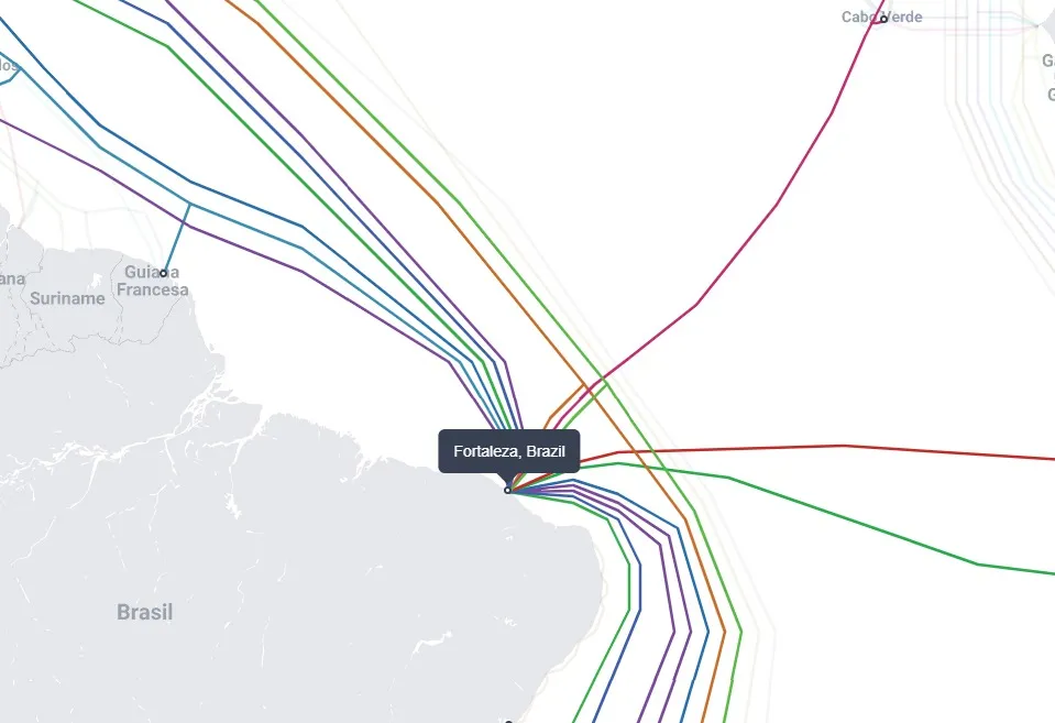 Cabos submarinos em Fortaleza listados pelo Submarine Cable Map, em 09 de novembro de 2023