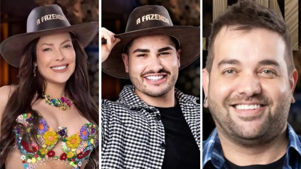 Montagem com fotos de Jaquelline, Lucas e Sander, participante de A Fazenda 2023 que disputam a Prova do Fazendeiro em 15 de novembro de 2023. Enquete A Fazenda: quem deve se livrar da roça e virar fazendeiro da semana?