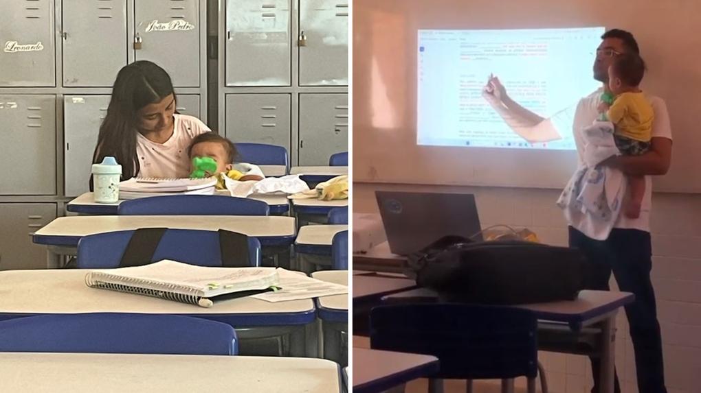 Professor dá aula com bebê no colo para ajudar aluna no interior do Ceará