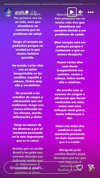 Anahí fala sobre diagnóstico de infecção renal grave