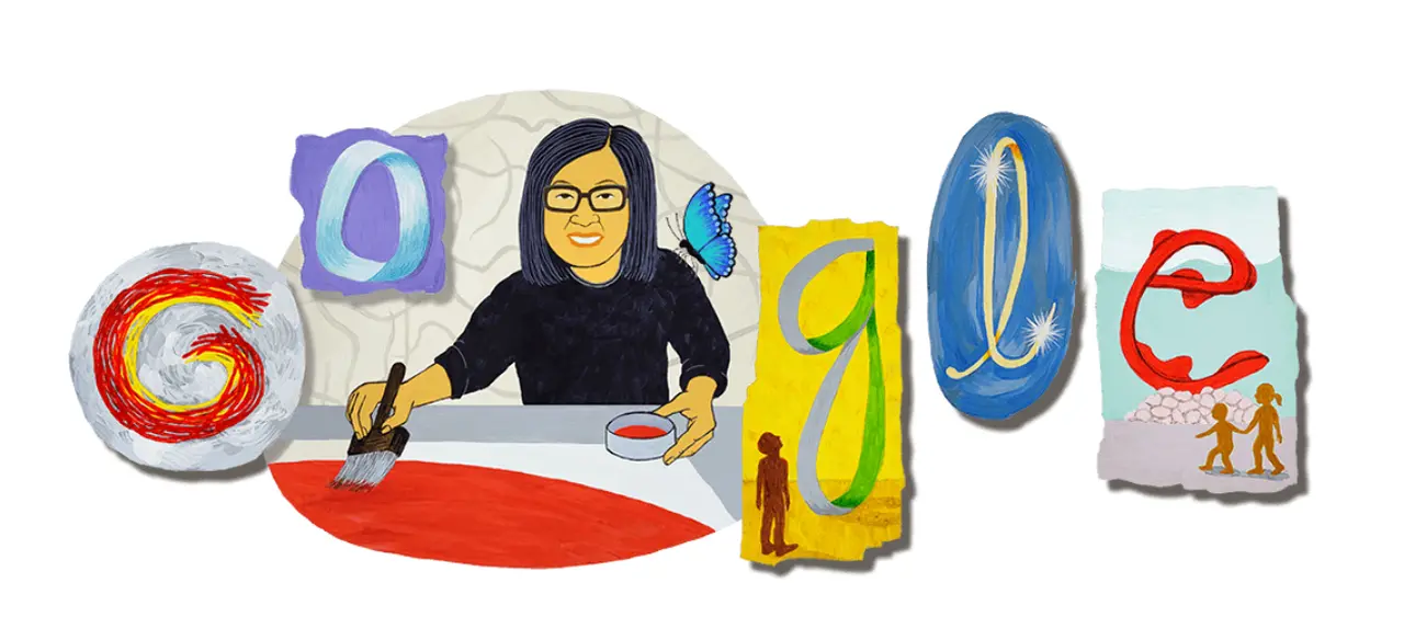 Doodle em homenagem à Tomie Ohtake, publicado em 21 de novembro de 2023. Conheça Tomie Ohtake, artista plástica homenageada pelo Google nesta terça-feira (21)