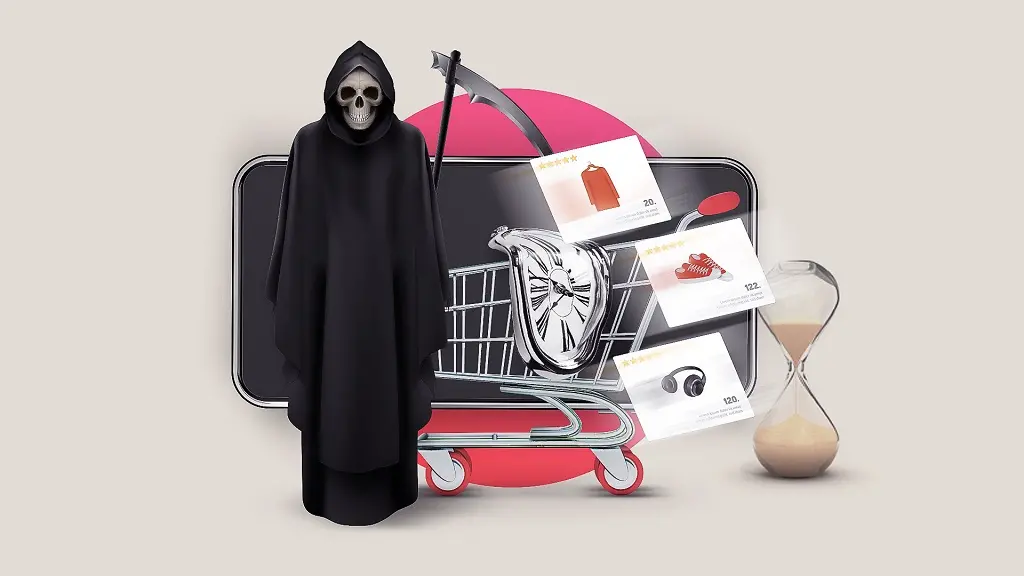 Imagem mostra representações da morte junto a elementos de consumo, como roupas e acessórios