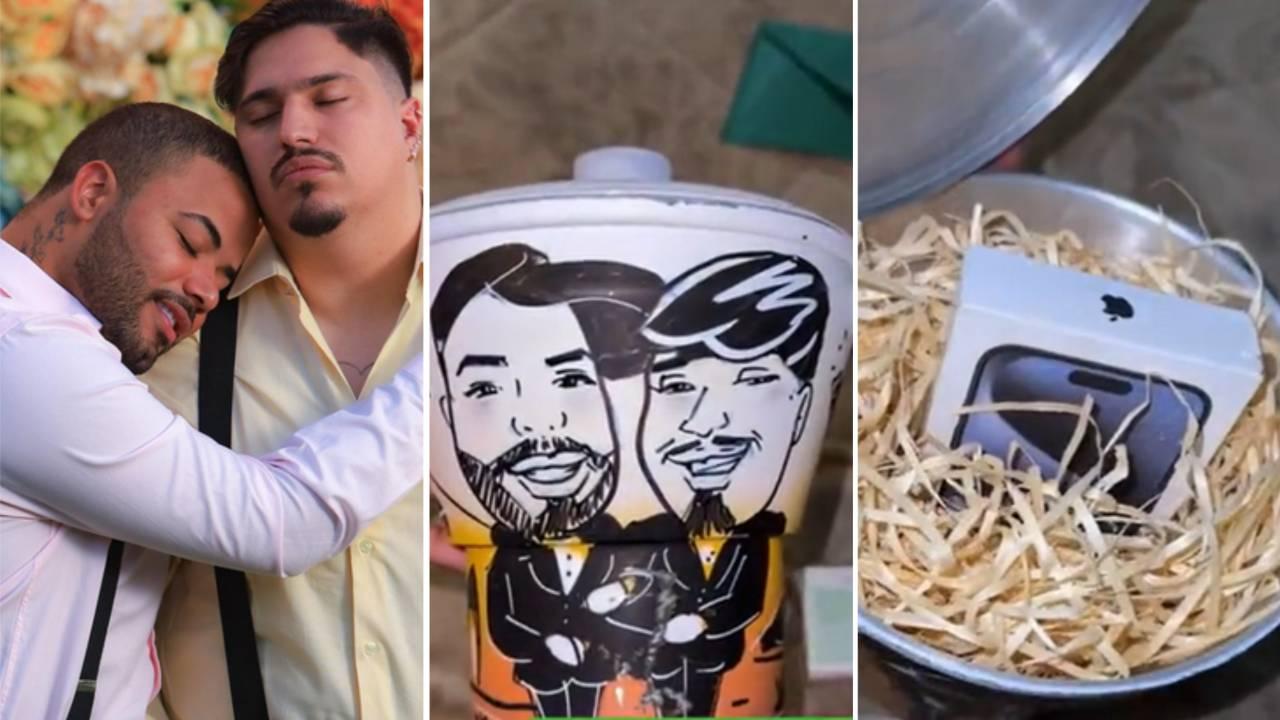 Montagem de imagens que mostram o casal Hytalo Santos e Euro com fotos do convite para o casamento deles. Influenciador dar iPhone de R$ 10 mil como brinde para convidados de casamento