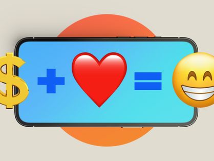 Imagem mostra um smartphone com os símbolos do cifrão somado a um coração que dá o resultado do emoji de felicidade