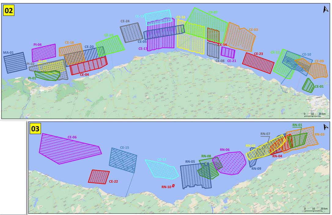 Mapas de projetos de eólicas offshore no Ceará em processo de licenciamento ambiental no Ibama
