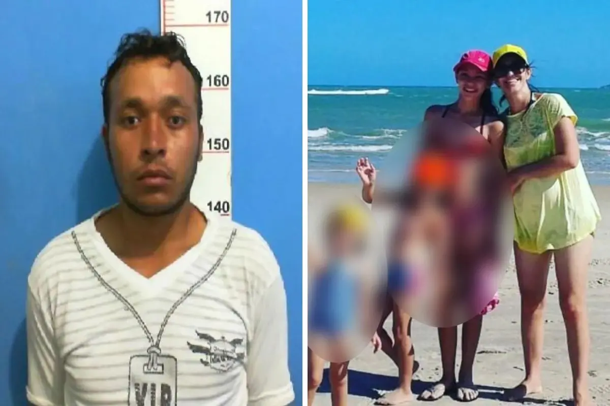 montagem de fotos com a imagem do suspeito de matar mãe e filhas em sorriso ao lado de imagem das vítimas