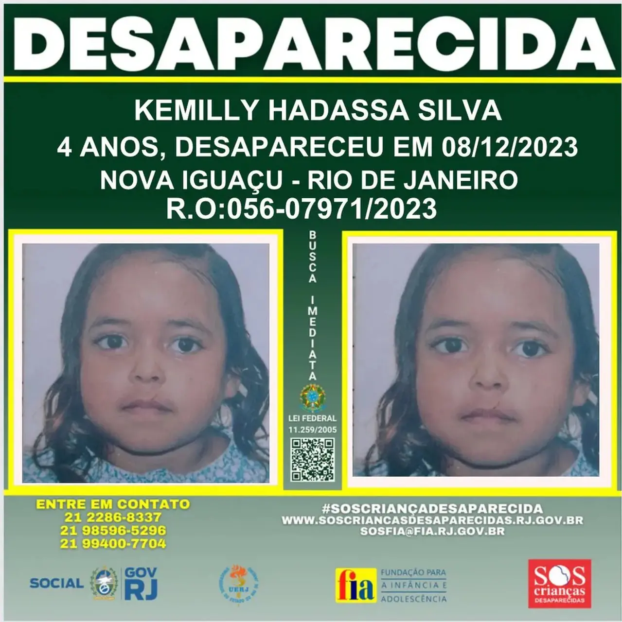 Qualquer informação sobre o paradeiro da menina deve ser repassada às autoridades