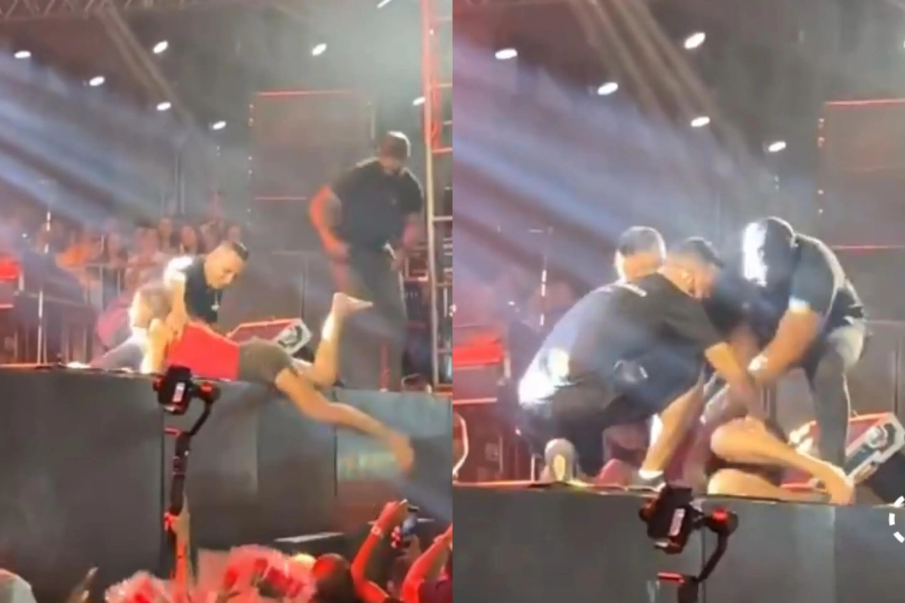 Seguranças retiram mulher de cima de palco