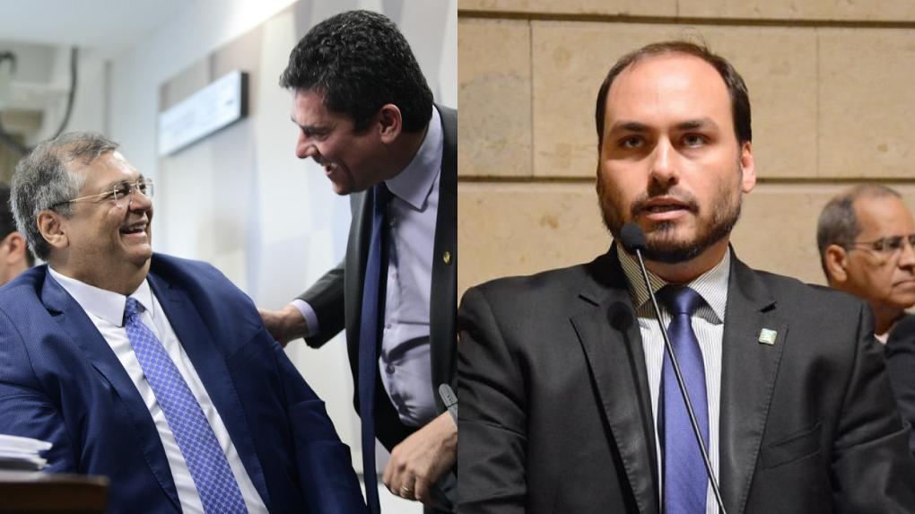 Montagem com fotos de Flávio Dino e Sergio Moro conversando e rindo no Senado Federal e outra de Carlos Bolsonaro falando no microfone