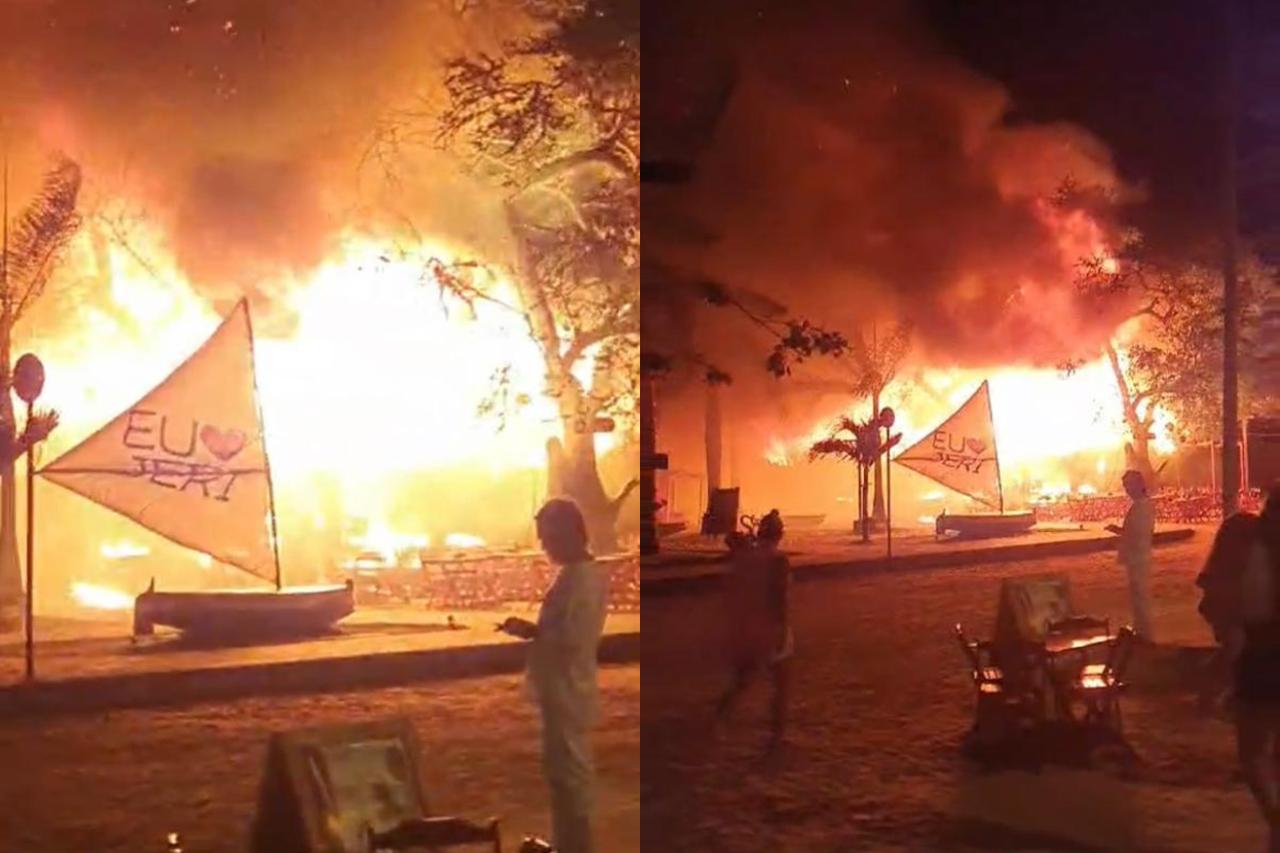 print de vídeo que mostra incêndio em restaurante em Jericoacoara
