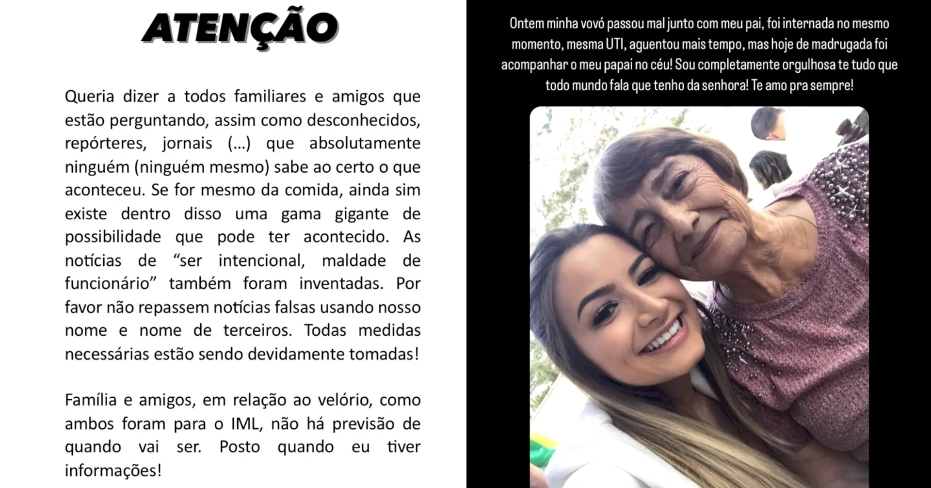 Filha de homem que morreu falou sobre a morte da avó em rede social