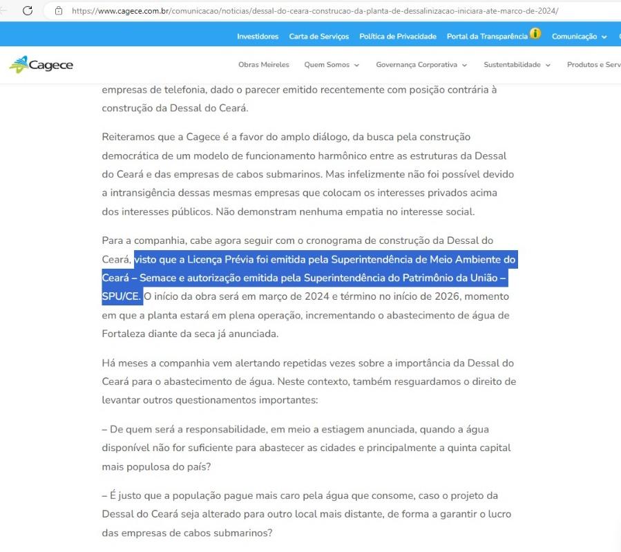 Texto assinado por presidente da Cagece trazia a informação de autorização da obra que foi desmentida por órgão do Governo Federal