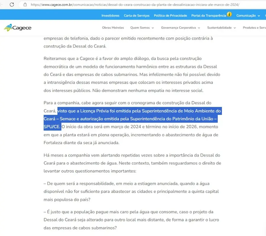 Texto assinado por presidente da Cagece trazia a informação de autorização da obra que foi desmentida por órgão do Governo Federal