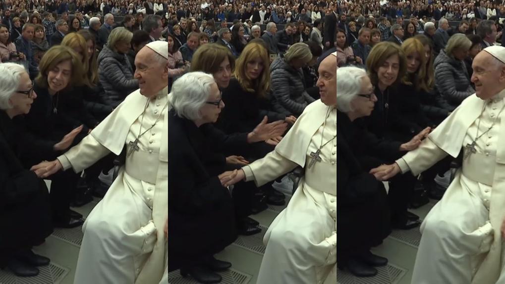 montagem mostra cumprimento de Fernanda Montenegro e o Papa