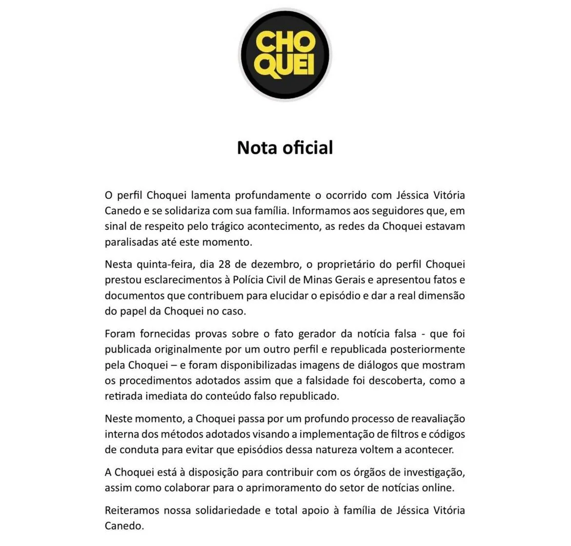 pronunciamento da pagina Choquei sobre morte de Jéssica Vitória