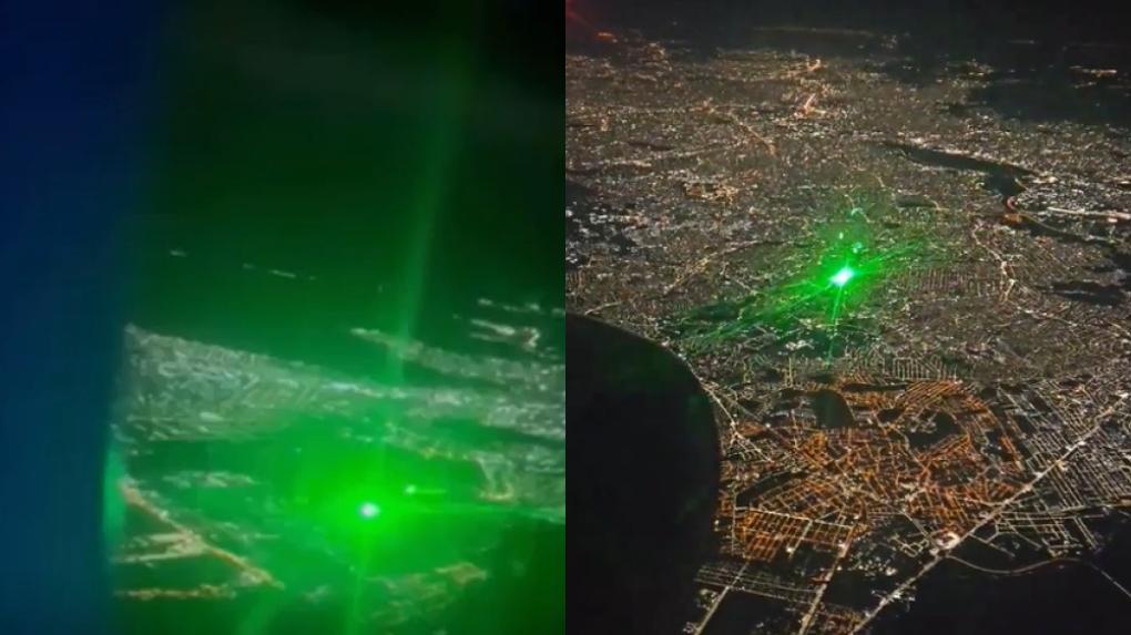 captuta de tela de vídeos que mostram laser verde apontado para avião