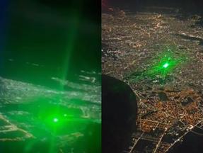 captuta de tela de vídeos que mostram laser verde apontado para avião
