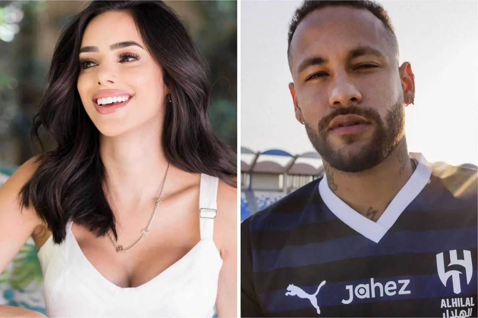 Montagem de fotos mostra Bruna Biancardi à esquerda e Neymar Jr à direita