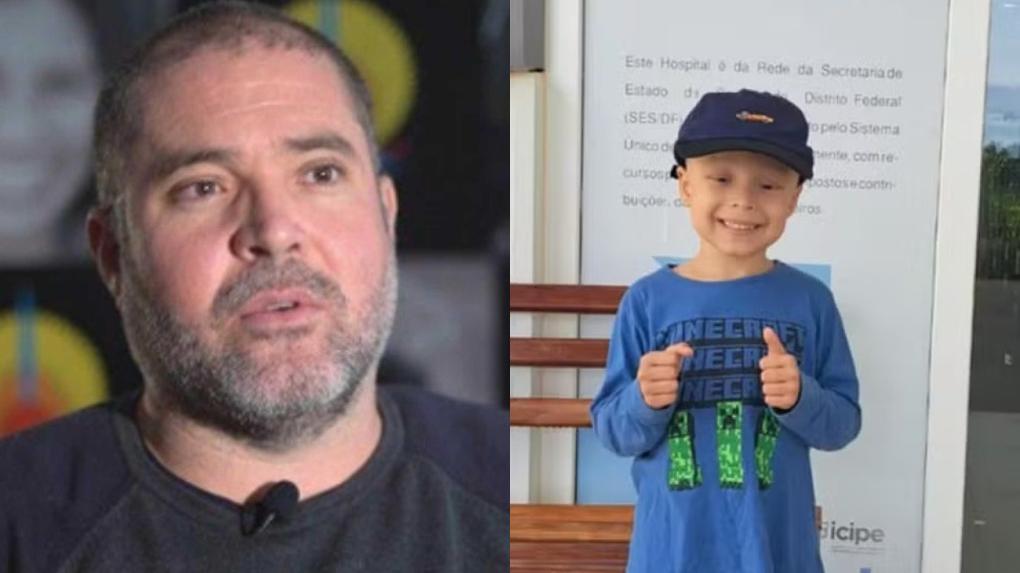 Montagem de fotos de Bruno Pereira e outra foto de seu filho, Pedro, de cinco anos, que luta contra um câncer
