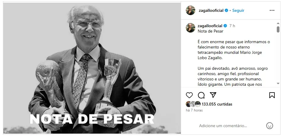 Comunicado sobre falecimento recebeu mais de 130 mil interações