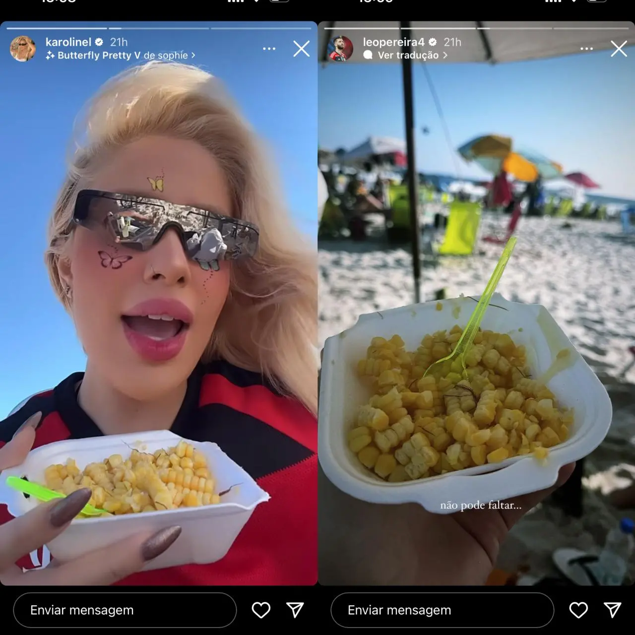Captura de tela do stories de Karoline Lima e de Léo Pereira comendo milho na praia