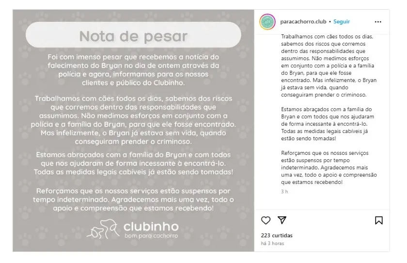 A nota de pesar foi publicada pela creche antes de a página ser apagada do Instagram